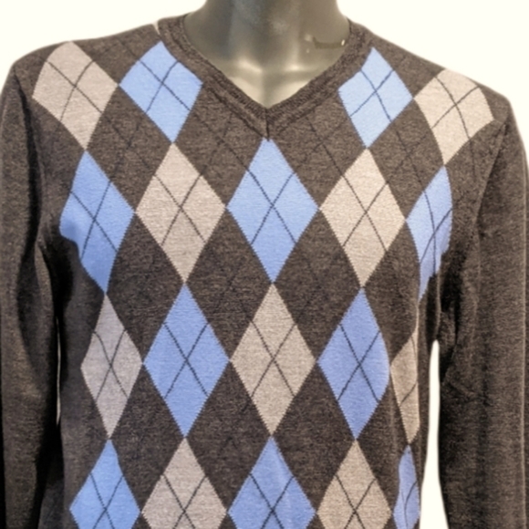 SIMONS merino wool argyle grey sweater large **Defect ** - Picture 2 of 6